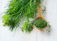 Dried Dill In A Wooden Spoon