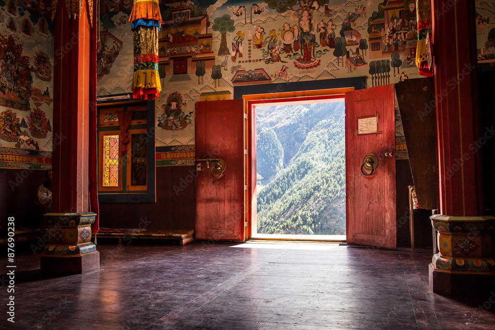 Buddhist monastery in the middle of the mountain. - obrazy, fototapety, plakaty 