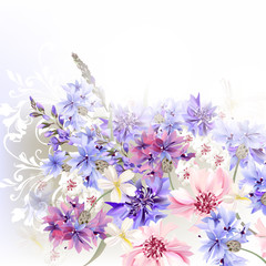 Poster - background  blue, pink and purple cornflowers