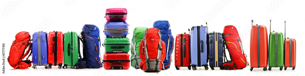 Suitcases and backpacks isolated on white background - obrazy, fototapety, plakaty 