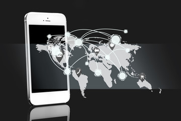 Wall Mural - Smart phone with world map for social and internet connectivity concept