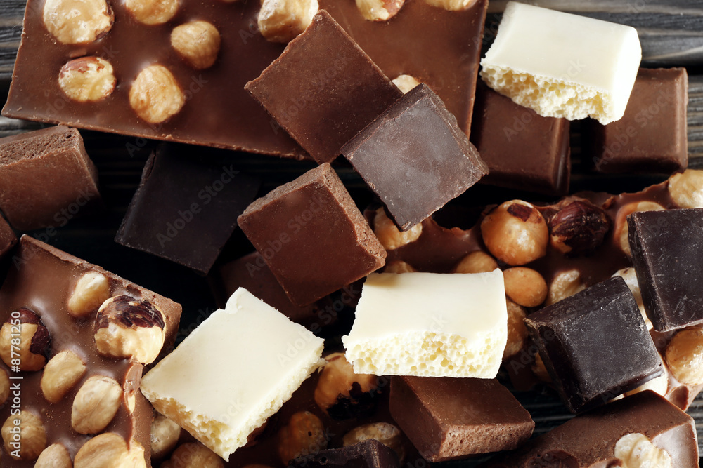 Set of chocolate with hazelnut, closeup