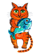 ,,Рыжий кот с рыбой,,.Детский рисунок.