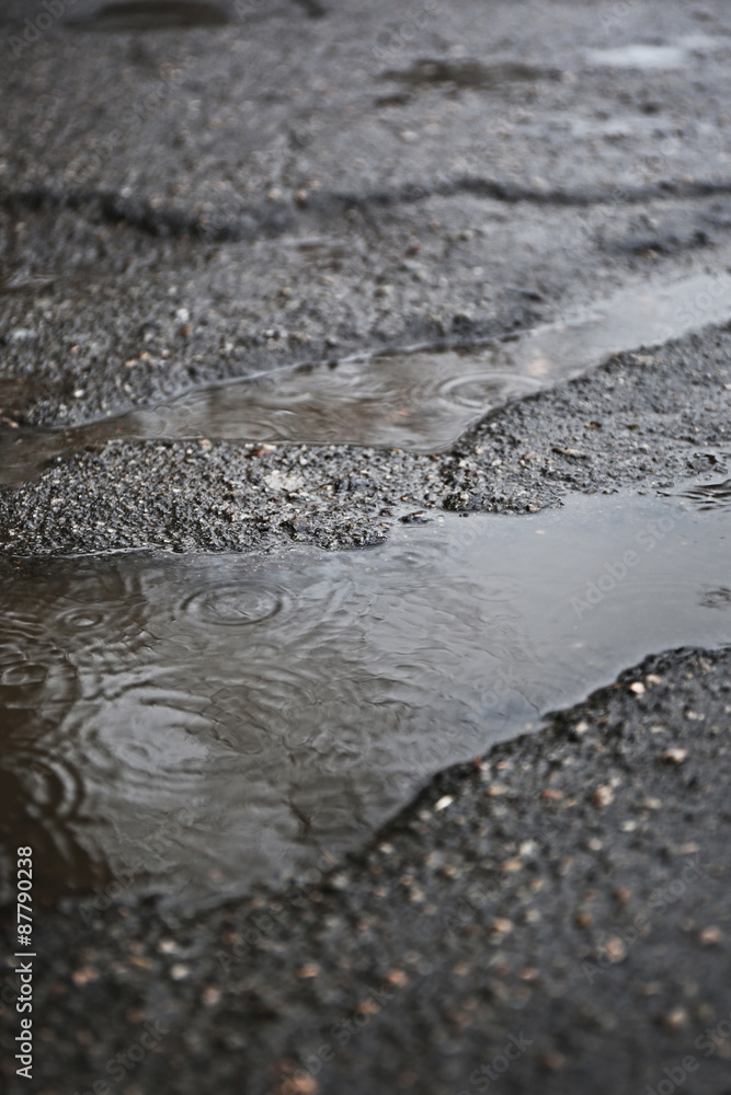 Holes with puddles on damaged asphalt background