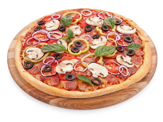 Italian delicious pizza with mushrooms and ham isolated.