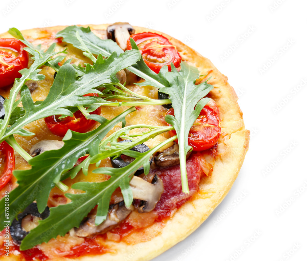 Tasty pizza with vegetables and arugula isolated on white