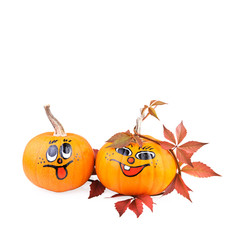 funny painted pumpkin with autumn leaves isolated on white