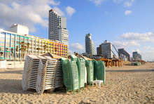 View To Tel Aviv Urban Beach With The Stack Of Plastic Beds.