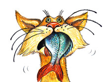 ,,Кот держит в зубах рыбу,,. Авторская иллюстрация.