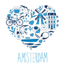 Travel Concept Card. Illustration Of Love For Amsterdam 