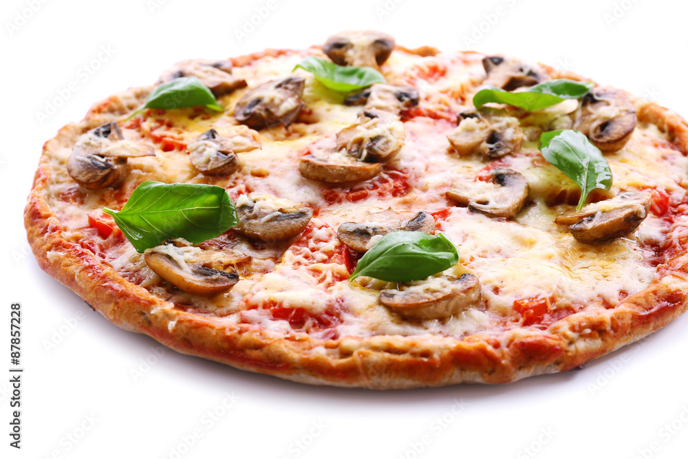 Tasty pizza with vegetables and basil isolated on white