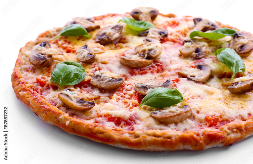 Tasty pizza with vegetables and basil isolated on white