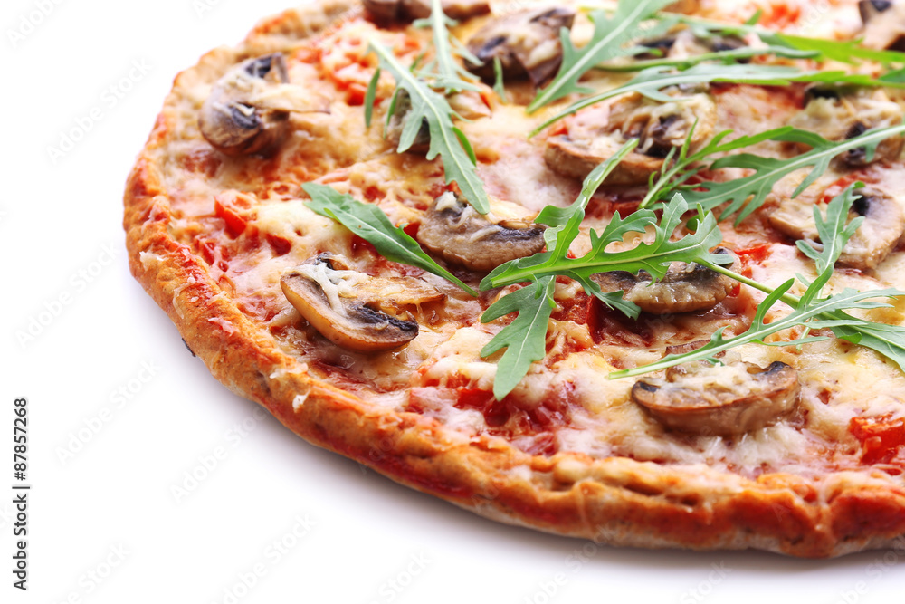 Tasty pizza with vegetables and arugula close up