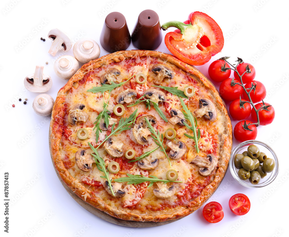 Tasty pizza with vegetables and arugula isolated on white