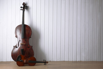 Sticker - Musical instruments on wooden planks background