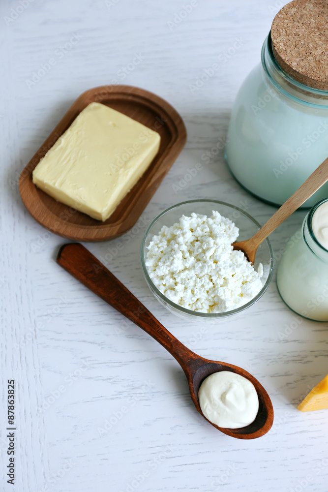 Dairy products on wooden table