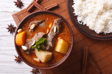 Thai Beef Massaman Curry And Rice Side Dish Closeup. Horizontal Top View
