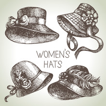 Hand Drawn Elegant Vintage Ladies Set. Sketch Women Hats