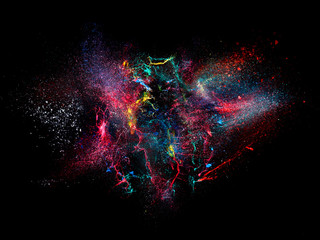 high speed photography of an explosion of acrylic colors on a black background. nobody around. conce