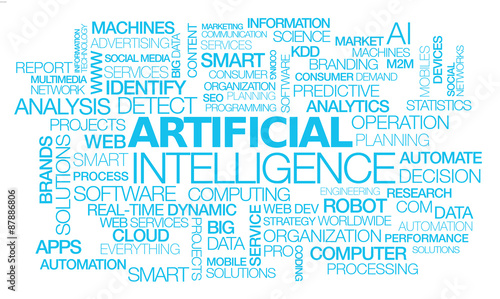 Artificial intelligence (AI) words tag cloud blue text machines