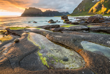Wall Mural - dramatic sunset over utakleiv beach on lofoten islands, norway