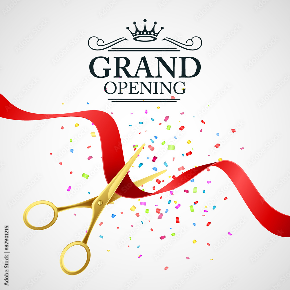 Grand opening illustration with red ribbon and gold scissors - obrazy, fototapety, plakaty 
