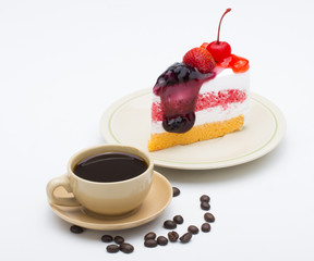 Wall Mural - cup of coffee and delicious cake on white background