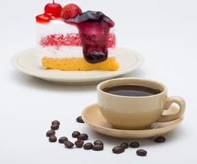 Wall Mural - cup of coffee and delicious cake on white background