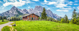 Fototapeta Fototapety góry  - Idyllic landscape in the Alps with mountain chalet and green meadows
