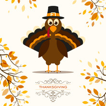 Vector Illustration Of A Happy Thanksgiving Celebration Design With Cartoon Turkey And Autumn Leaves