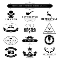 Wall Mural - set of black & white vintage badges and labels
