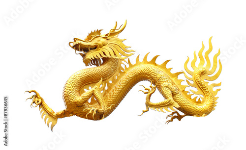 Fotografia, Obraz  Golden dragon statue on white background.