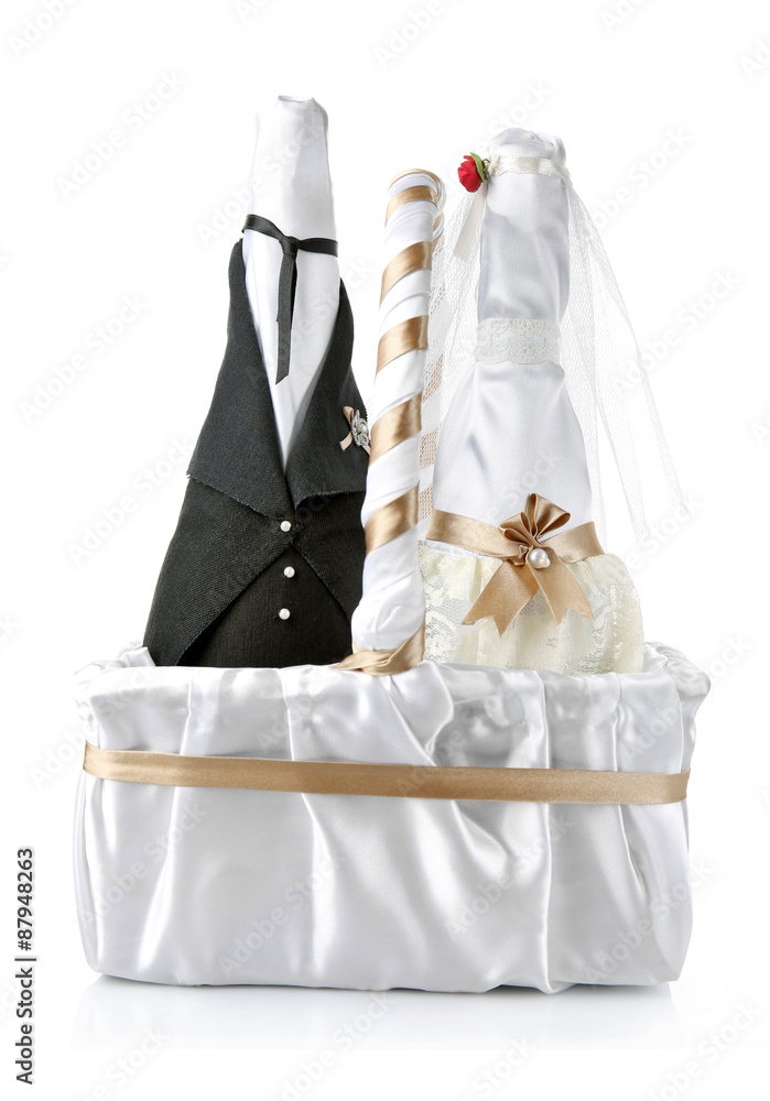 Wedding decoration of champagne bottles isolated white