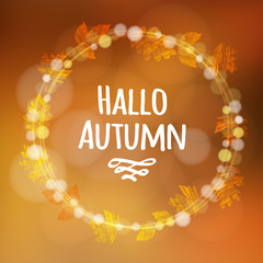 Wall Mural - autumn, fall background with wreath, made of leaves, lights, vector