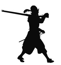 Conquistador With Rifle Marching. Vector Silhouette
