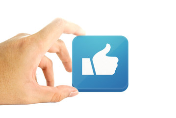 hand with like button of social network, internet of things, digital market, business of online