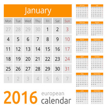Simple European 2016 Year Vector Calendar