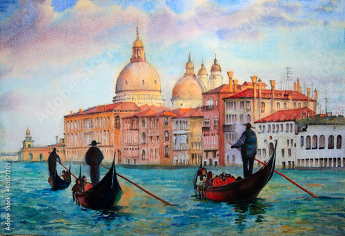 Naklejka - mata magnetyczna na lodówkę Painting of Venice Italy, painted by watercolor