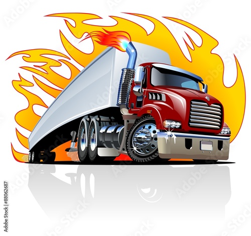 Obraz w ramie Vector Cartoon Semi Truck. One-click repaint
