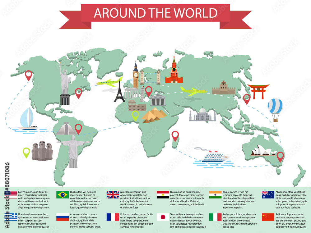 Infographic world landmarks on map. Stock Vector | Adobe Stock