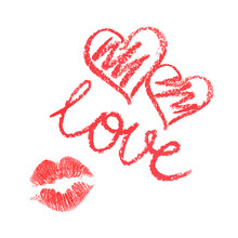 Vector Set Of Lipstick Drawn Hearts And Kiss On White Background