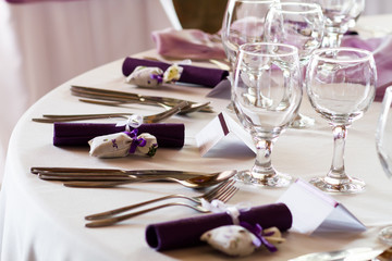 elegant restaurant table set for event, wedding place