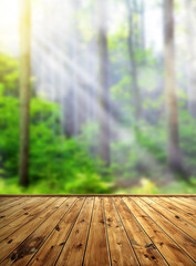 Wall Mural - Bokeh in the forest with wooden board