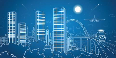 City and transport illustration, night town, vector design