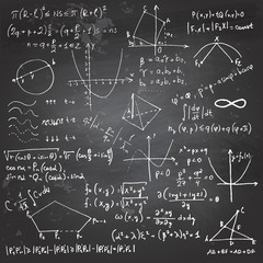 Mathematical formulas and drawings on a chalkboard