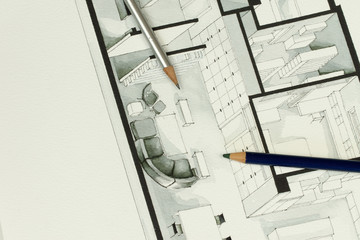 Two artistic drawing pencils set on actual real estate floor plan architectural isometric drawing stating for simplicity in interior design process and real estate business branch