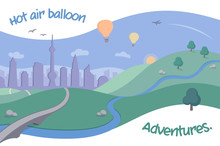 Scenic Landscape With Hot Air Balloons And City - Hot Air Balloons Flying Over The Scenery, In The Style Of A Retro Postcard Print. Ideal For Illustrating Themes Of Leisure And The Outdoors.