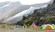Tourist tent in the camping. Landmannalaugar. Iceland