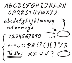 hand drawn black marker set of alphabet letters, numbers and punctuation, along with a few doodles: 