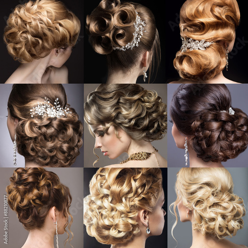 Fototapeta na wymiar Collection of wedding hairstyles. Beautiful girls. Beauty hair. 